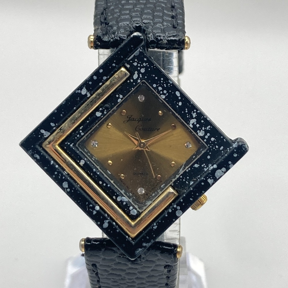 Vtg Jacques Couture Womens Watch Stone Look Gold Tone Leather Band New Battery